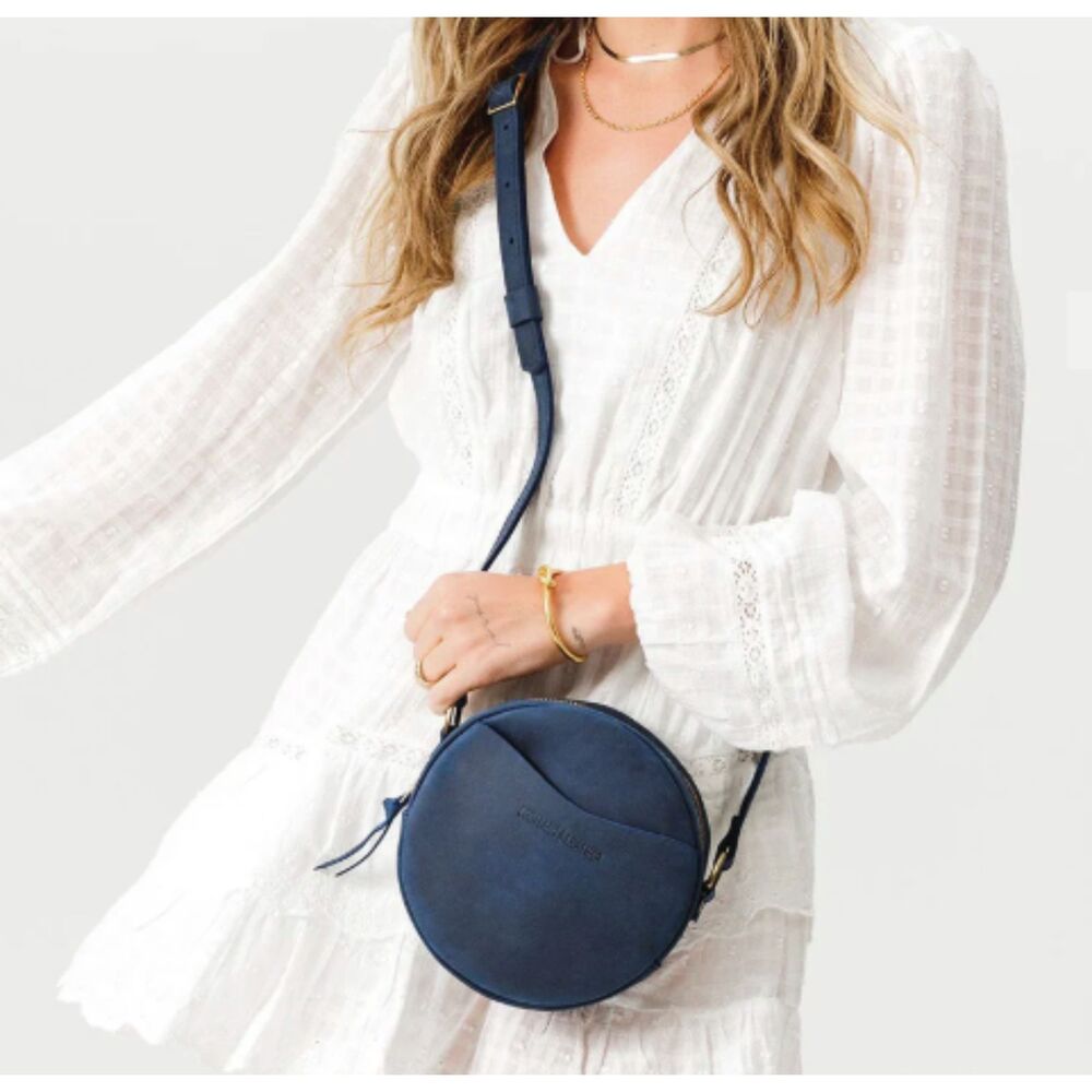 Portland Leather Goods Circle Crossbody Navy Deep Water Large 9" Premium Purse - Picture 2 of 7